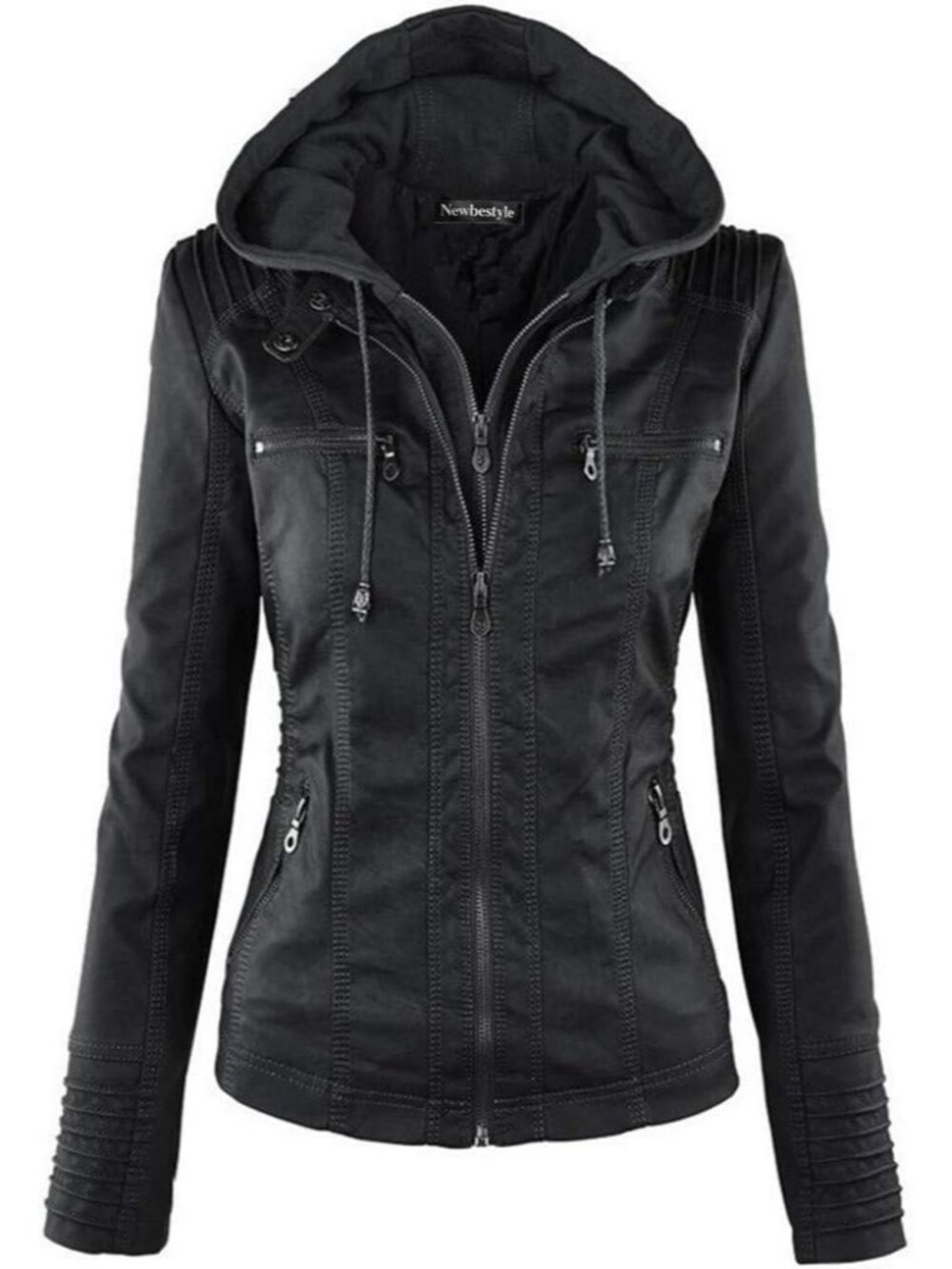 Women's Black Hooded Faux Leather Long Sleeve Zipper Motorcycle Jacket
